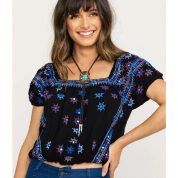 Free People Tops - Free People Top Black Embroidered Mirror Cropped Peasant Boho Womens Large